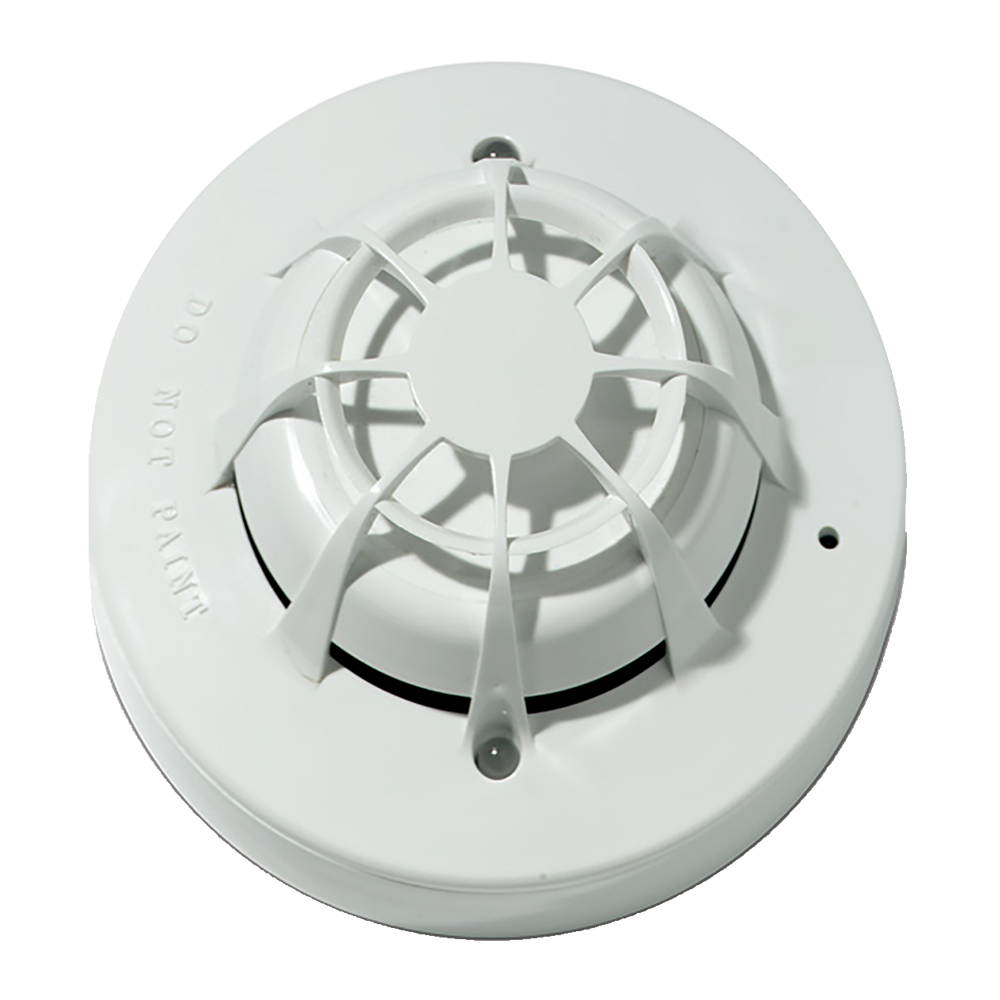 Ein weißer Rauchmelder mit einer kuppelförmigen Gitterabdeckung und der Aufschrift "DO NOT PAINT" an der Seite.