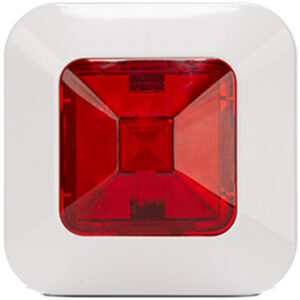 Ein quadratischer Alarm mit rotem Licht in einem weißen Gehäuse.
