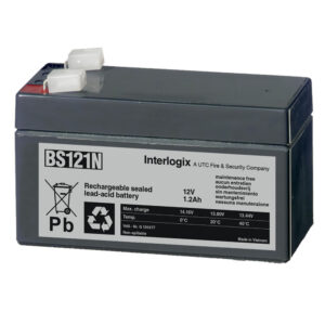 Auf dem Bild ist eine versiegelte, wiederaufladbare Blei-Säure-Batterie des Modells BS121N von Interlogix zu sehen. Sie hat eine Spannung von 12V und eine Kapazität von 1,2 Ah. Die Batterie ist wartungsfrei und für Sicherheitssysteme geeignet.