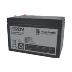 Schwarze Interlogix wiederaufladbare, versiegelte Bleisäurebatterie, Modell BS127N-A, mit 12V und 7,2Ah Kapazität.