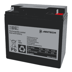 Wiederaufladbare, versiegelte Blei-Säure-Batterie von ARITECH mit der Modellnummer BS131N, 12V und 18Ah Kapazität, gekennzeichnet als wartungsfrei und in Vietnam hergestellt.