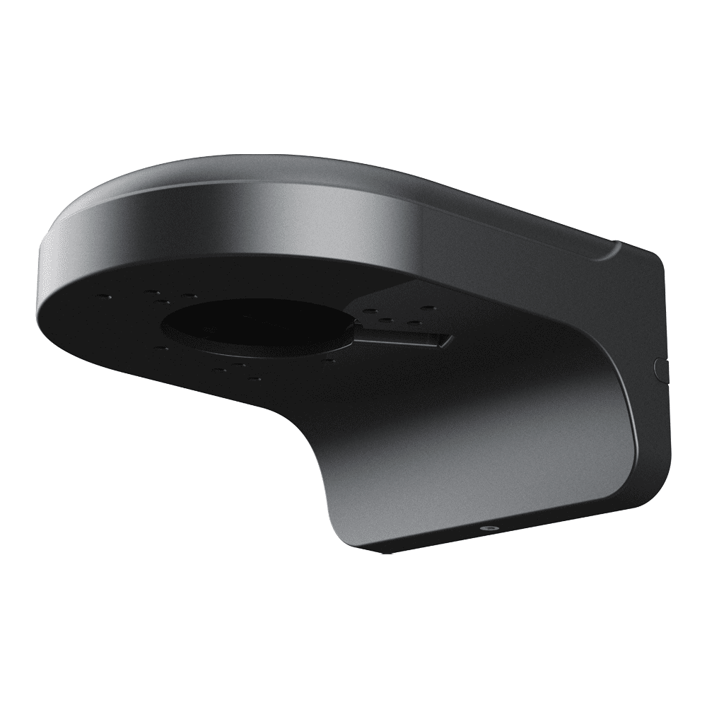 Eine schwarze, rechteckige Montagehalterung mit einer kreisförmigen Aussparung in der Mitte, geeignet für elektronische Geräte.