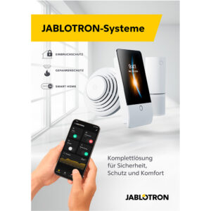 Werbebild für JABLOTRON-Sicherheitssysteme, das verschiedene Geräte wie Detektoren und Steuerungspanel zeigt, eine Hand hält ein Smartphone mit der JABLOTRON-App in einem Raum mit Fenster, begleitet von Icons für Einbruchschutz, Gefahrenschutz und Smart Home Lösung.