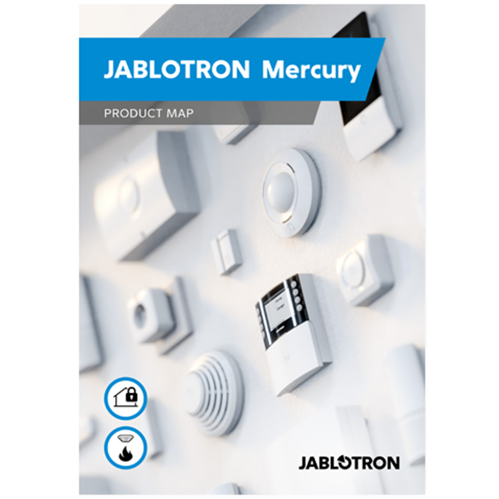Abbildung der Produktkarte von JABLOTRON Mercury, die verschiedene Sicherheitsgeräte zeigt, darunter Sensoren und Steuergeräte, auf einer grauen Oberfläche angeordnet.