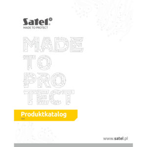 Titelblatt eines Produktkatalogs von Satel für 2024, mit dem Slogan 'Made to Protect' und der Website www.satel.pl, in einem technisch inspirierten Design.