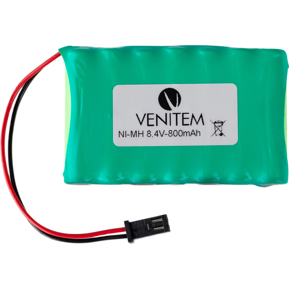 Ein rechteckiger, grüner Ni-MH Akku mit der Aufschrift 'VENITEM NI-MH 8.4V-800mAh' und einem herausragenden Kabel mit schwarzem und rotem Draht sowie einem schwarzen Anschlussstecker.
