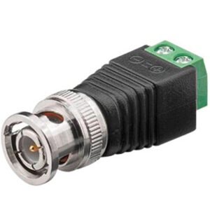 Ein BNC-Stecker mit einem schwarzen Kunststoffgehäuse und einer grünen Schraubklemme auf der Rückseite.