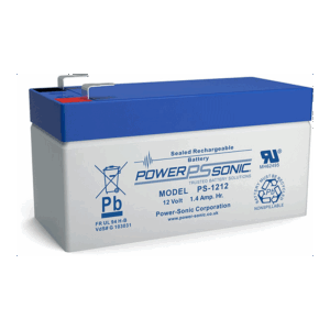 Ein versiegelter, wiederaufladbarer Bleiakku von Power Sonic, Modell PS-1212, mit blauer Oberseite und Kapazität von 12 Volt und 1,4 Ampere-Stunden.