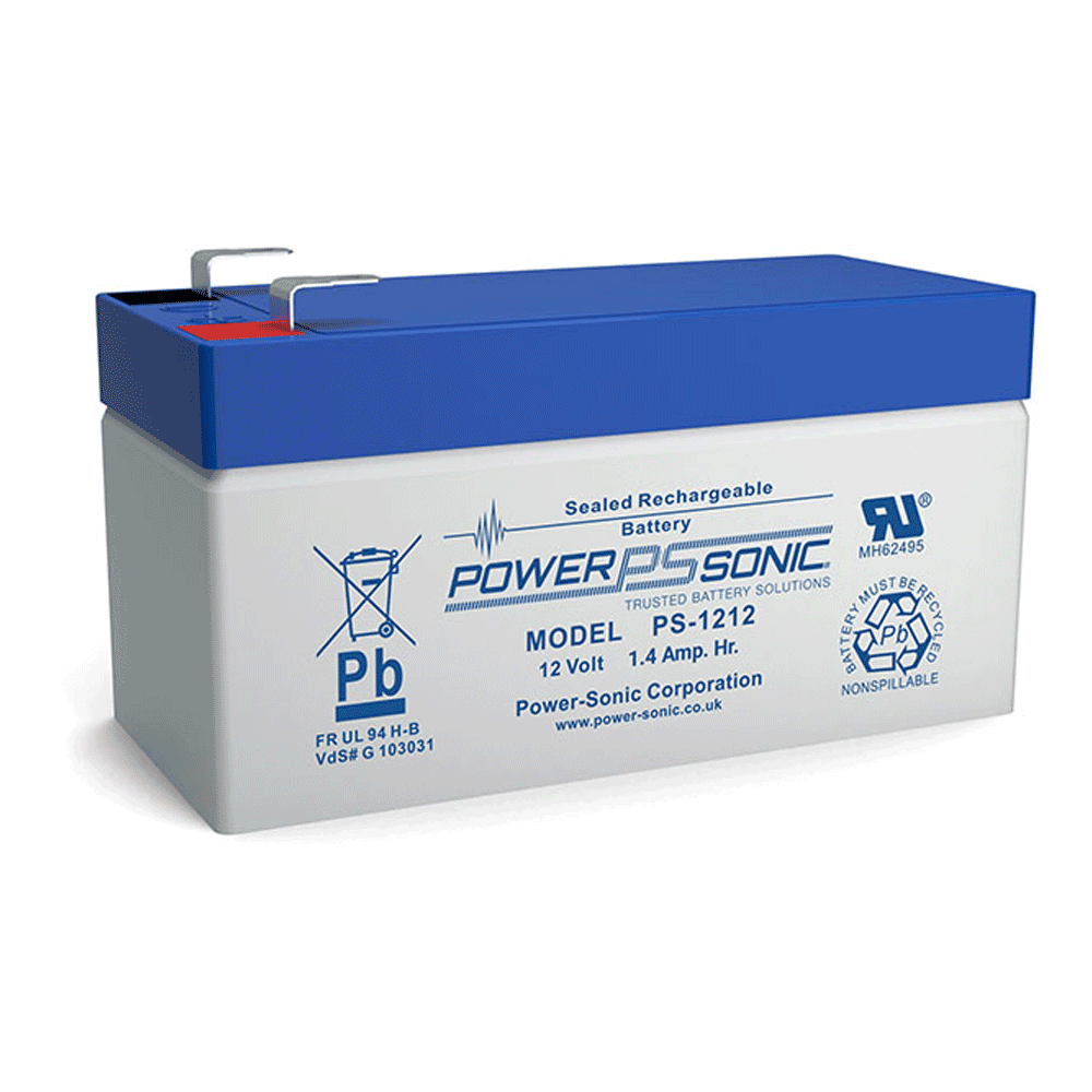 Ein versiegelter, wiederaufladbarer Bleiakku von Power Sonic, Modell PS-1212, mit blauer Oberseite und Kapazität von 12 Volt und 1,4 Ampere-Stunden.