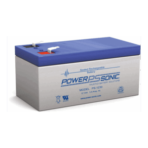 Ein blauer und grauer versiegelter, wiederaufladbarer Akku der Marke Power Sonic, Modell PS-1230, mit einer Spannung von 12 Volt und einer Kapazität von 3,4 Amperestunden.