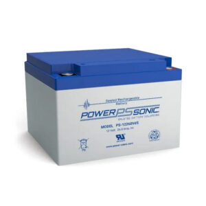 Ein versiegelter, wiederaufladbarer Akku von Power Sonic, Modell PS-12260VdS, mit blauen und weißen Farben, einer Spannung von 12 Volt und einer Kapazität von 26,0 Ampere-Stunden.