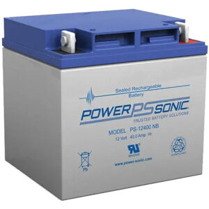 Ein versiegelter, wiederaufladbarer Akku der Marke Power Sonic, Modell PS-12400 NB, mit einer Spannung von 12 Volt und einer Kapazität von 40,0 Amperestunden, in einem blauen und grauen Gehäuse.
