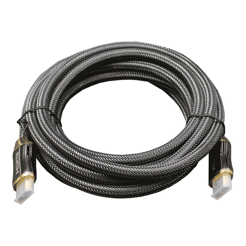 Ein geflochtenes HDMI-Kabel mit dunkler Ummantelung, aufgerollt und mit zwei goldenen Steckern an den Enden.