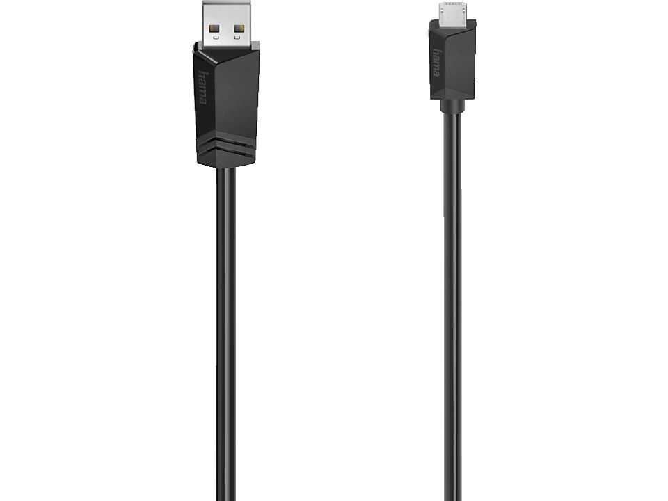 Ein schwarzes USB-Kabel von Hama mit einem USB-A-Stecker auf der einen Seite und einem micro-USB-Stecker auf der anderen Seite.