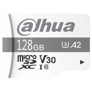 Weiße microSDXC-Speicherkarte von Dahua mit einer Kapazität von 128 GB, auf der die Symbole U3, A2, V30, Class 10 und das Markenzeichen zu sehen sind.