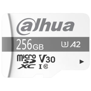 Nahaufnahme einer 256 GB microSDXC-Speicherkarte von Dahua mit U3, A2, V30, Klasse 10 Spezifikationen.