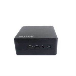 Ein kompakter schwarzer Mini-PC mit dem Logo 'terra' auf der Oberseite, ausgestattet mit zwei USB-Anschlüssen und einem Netzschalter auf der Vorderseite.
