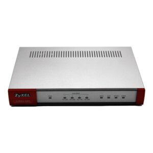 Ein silberner ZyXEL ZyWALL ZWG Netzwerk-Sicherheitsrouter mit roten Seitenverkleidungen und mehreren LAN- und WAN-Anschlüssen auf der Vorderseite.