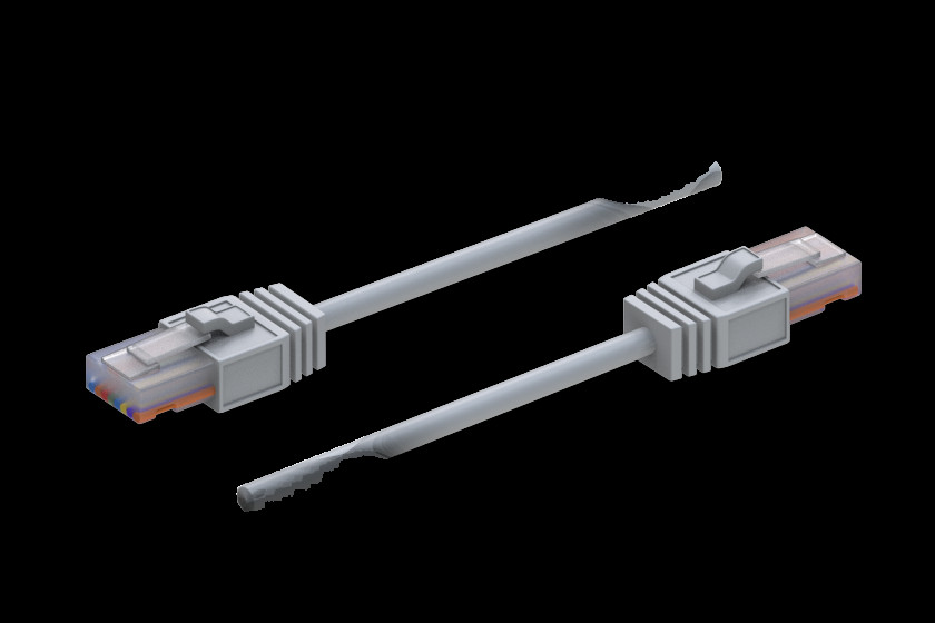 Zwei graue Ethernet-Kabel mit RJ45-Steckern, die sich gegenüberliegen, auf einem schwarzen Hintergrund.
