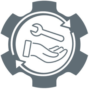 Ein graues Zahnrad-Symbol mit einem Werkzeugschlüssel und einer offenen Hand im Inneren, umgeben von Kreispfeilen, was auf Zusammenarbeit oder Unterstützung hindeutet.