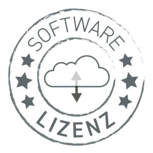 Stilisierte Abbildung einer runden Plakette mit dem Text "SOFTWARE LIZENZ" um einen Wolken- und Pfeilsymbol herum, umgeben von Sternen.
