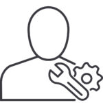 Symbol eines anonymen Avatars mit einem Schraubenschlüssel und Zahnrad, die für technische Unterstützung stehen.
