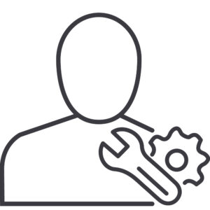 Symbol eines anonymen Avatars mit einem Schraubenschlüssel und Zahnrad, die für technische Unterstützung stehen.