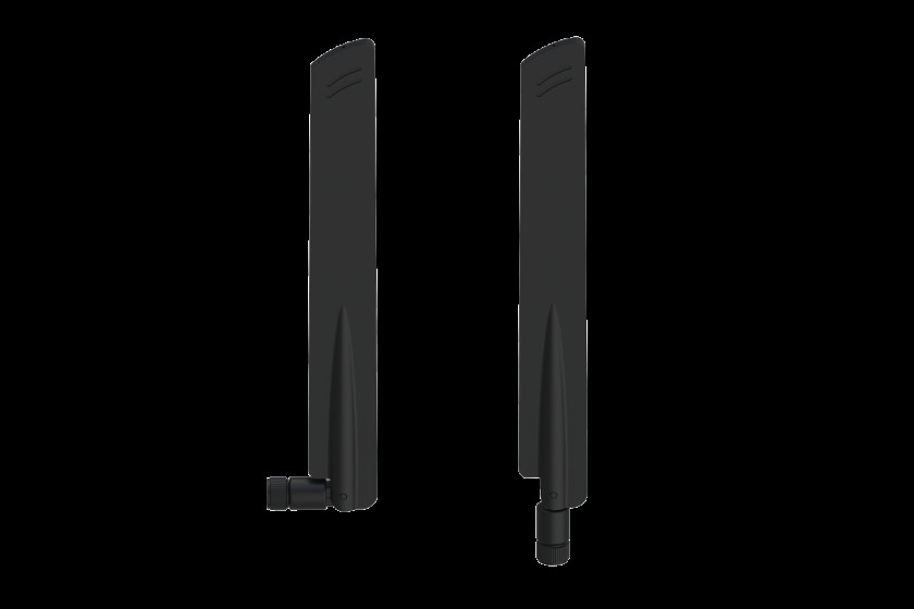 Zwei schwarze, abnehmbare WLAN-Antennen mit Gelenkbasis, stehend nebeneinander mit leicht unterschiedlichen Winkeln.