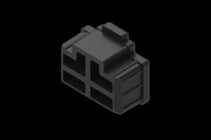 Ein schwarzer, rechteckiger Kunststoffstecker mit vier quadratischen Öffnungen auf einem schwarzen Hintergrund.