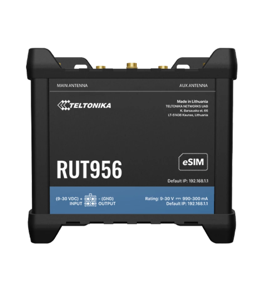 Schwarzes Teltonika RUT956 Router-Gerät mit eSIM-Unterstützung, Modellinformationen und Anschlüsse auf der Oberseite, hergestellt in Litauen.