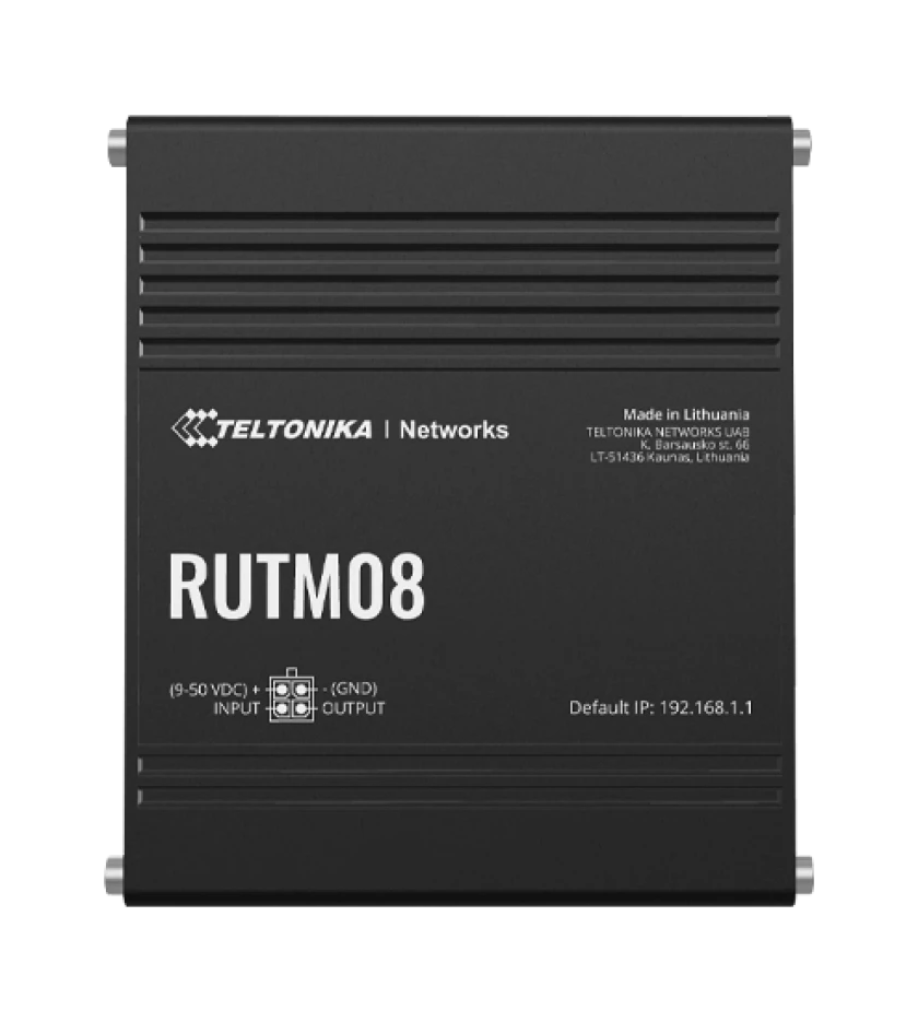 Ein schwarzes Teltonika RUTM08 Netzwerkgerät mit weißen Beschriftungen, hergestellt in Litauen.