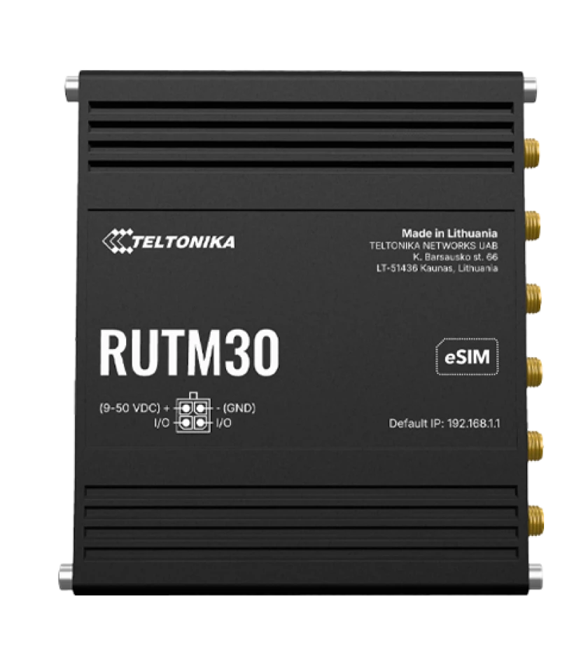 Schwarzes Teltonika RUTM30 Routergehäuse mit mehreren Anschlüssen an der Seite und der Beschriftung 'eSIM'.