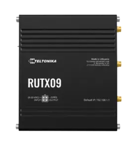 Teltonika RUTX09 Router in schwarzem Gehäuse mit Anschlüssen an der Seite und der Aufschrift "Made in Lithuania."
