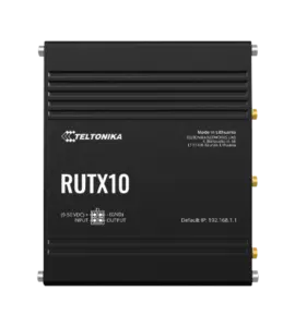 Teltonika RUTX10 Router in schwarzem Gehäuse mit Modell- und Herstellerinformationen auf der Vorderseite, einschließlich der Standard-IP-Adresse 192.168.1.1, und mehreren Anschlussmöglichkeiten.