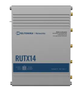 Ein silberner Teltonika RUTX14 Netzwerkrouter mit blauen Schriftzügen und Anschlüssen auf der rechten Seite.