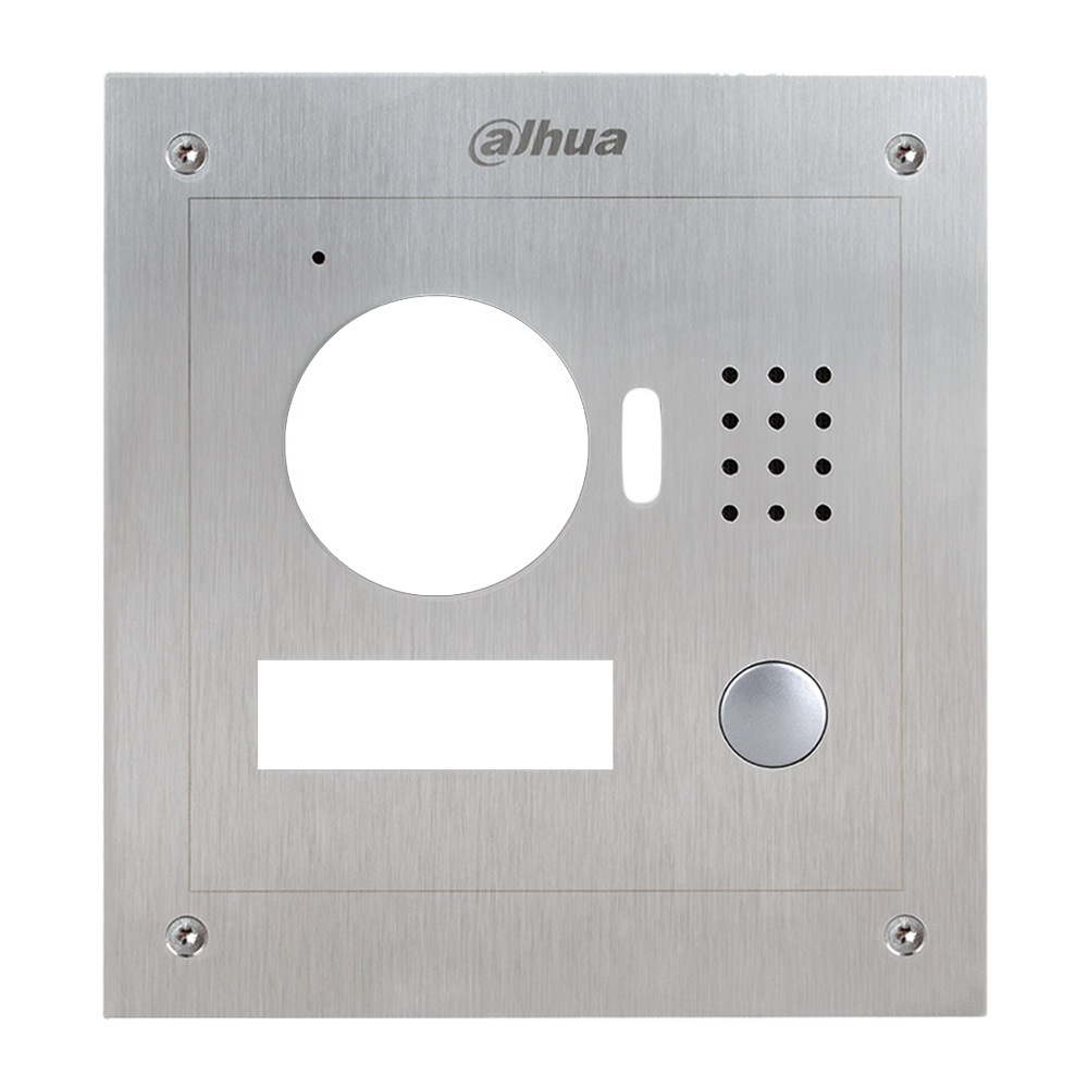 Ein silbernes Edelstahl-Panel mit dem Logo "Dahua" oben, das als Abdeckung für eine Sprechanlage dient, einschließlich eines runden Lochs für die Kamera, eines rechteckigen Bereichs für das Namensschild, eines Gitters für den Lautsprecher und eines Knopfes auf der rechten Seite.