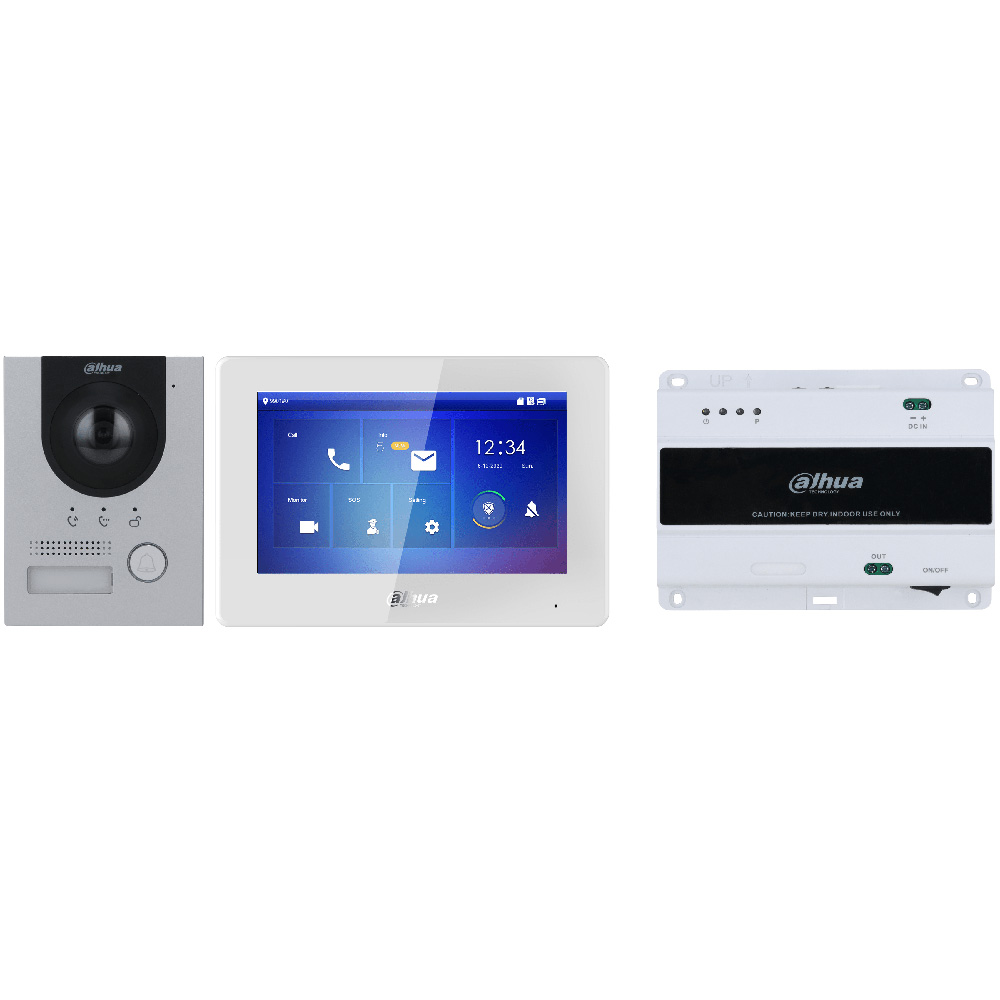 Ein dreiteiliges Video-Türsprechsystem von Dahua, bestehend aus einer grauen Außenkamera, einem weißen LCD-Bildschirm und einem weißen Steuergerät.