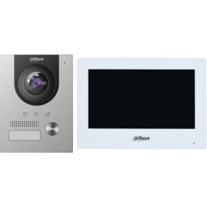 Ein Video-Türsprechanlagenset bestehend aus einer linken silbernen Außeneinheit mit Kamera und Ruftaste sowie einem rechten weißen Innenmonitor mit schwarzem Bildschirm, beide mit dem Dahua-Logo versehen.