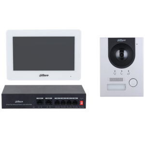 Dahua Video-Türklingel-Set mit einem weißen Monitor, einer silbernen Türstation mit Kamera und einem schwarzen Ethernet-Switch mit sechs Ports.