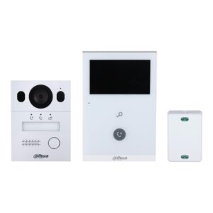 Ein dreiteiliges Video-Türsprechanlagensystem von Dahua mit einer Außenstation, einem Monitor und einem zusätzlichen Modul, alle in silber und weiß gestaltet.