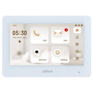 Ein weißes Touchscreen-Display von Dahua Technology, das Uhrzeit und Datum sowie Symbole für Anrufen, Informationen, Monitor und Einstellungen zeigt.