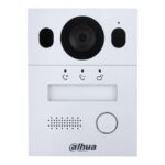 Silberne Gegensprechanlage von dahua Technology mit Kamera, Mikrofon, Lautsprecher, Klingelknopf und Symbolen für Anruf, Gespräch und Türöffnung.