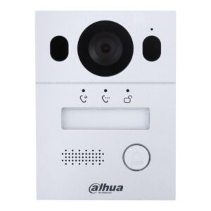 Silberne Gegensprechanlage von dahua Technology mit Kamera, Mikrofon, Lautsprecher, Klingelknopf und Symbolen für Anruf, Gespräch und Türöffnung.