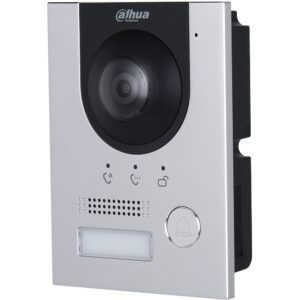 Eine silberne Videotürklingel von Dahua Technology mit Kamera, Mikrofon, Lautsprecher und Klingelknopf.