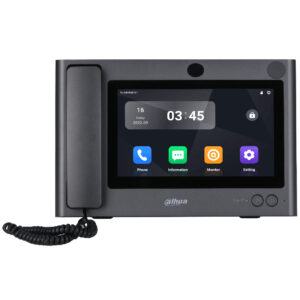 Ein modernes, graues Telefon mit einem Touchscreen-Display, das Uhrzeit, Datum und verschiedene Apps wie Telefon, Information, Monitor und Einstellungen zeigt; hergestellt von Dahua.