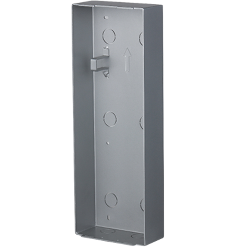 Graues, rechteckiges Metallgehäuse offen an der Vorderseite, mit eingeprägten Kreisen an der Rückwand und einem seitlichen Befestigungsclip.