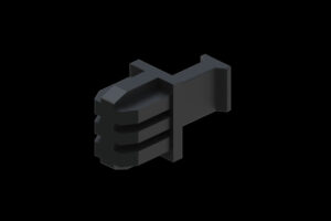 Schwarzes LEGO-Element in Form eines mechanischen Greifarms vor einem schwarzen Hintergrund.