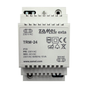 Ein elektrischer Transformator Zamel exta TRM-24 für DIN-Schienenmontage mit Spezifikationen 230 V AC und 24 V AC, der Schutzklasse IP20 und verschiedenen Zulassungszeichen auf der Vorderseite.