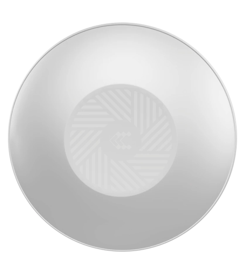 Weiße, runde WLAN-Antenneneinheit mit einem dezenten Muster in der Mitte.