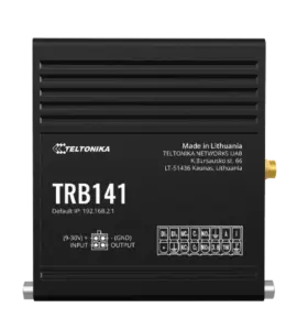 Schwarzes Teltonika TRB141 Netzgerät mit Aufschrift und Anschlüssen, hergestellt in Litauen.